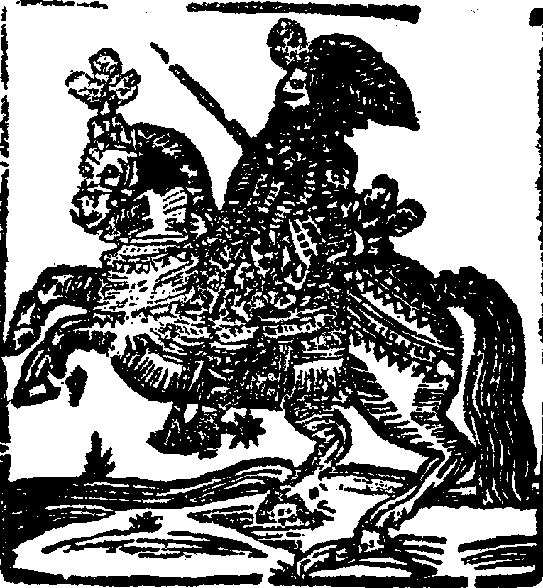Woodblock print of a mounted knight.