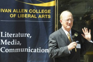 Colonel Stephen C. Hall making remarks at the Ribbon-Cutting Celebration for the Stephen C. Hall Building (on the terrace). R.E. Burnett. © 2013. Used with permission.