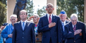 Francois Hollande and Barack Obama with D-Day Veterans in Normandy. June 6, 2014