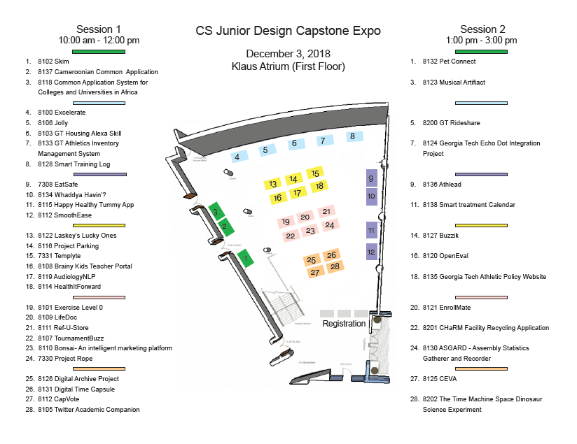 A floor map of the Klaus atrium shows the table layout for the expo. A list of teams and projects appear on each side of the map. 