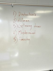 List on the whiteboard with the different roles described in Maya's game: distraction, hitman, getaway driver, mastermind, and hacker.