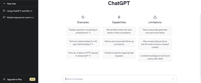 ChatGPT homepage with information about what ChatGPT can and cannot do