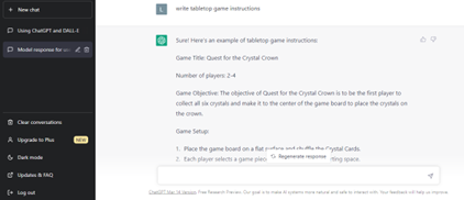 Screenshot of ChatGPT created game instructions. 