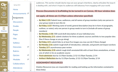 Screenshot of scaffolded process assignments from my ENGL 1102 Spring 2023 class.