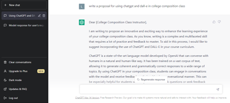 Screenshot of ChatGPT generated proposal for including AI in college writing classes.
