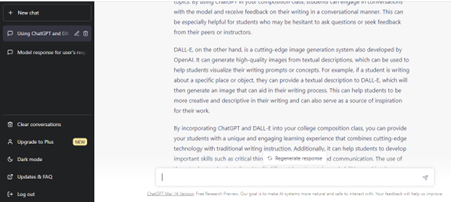 Screenshot of ChatGPT generated proposal for using AI in college writing classes.