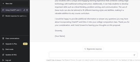 Screenshot of ChatGPT generated proposal for using AI in college writing classes.
