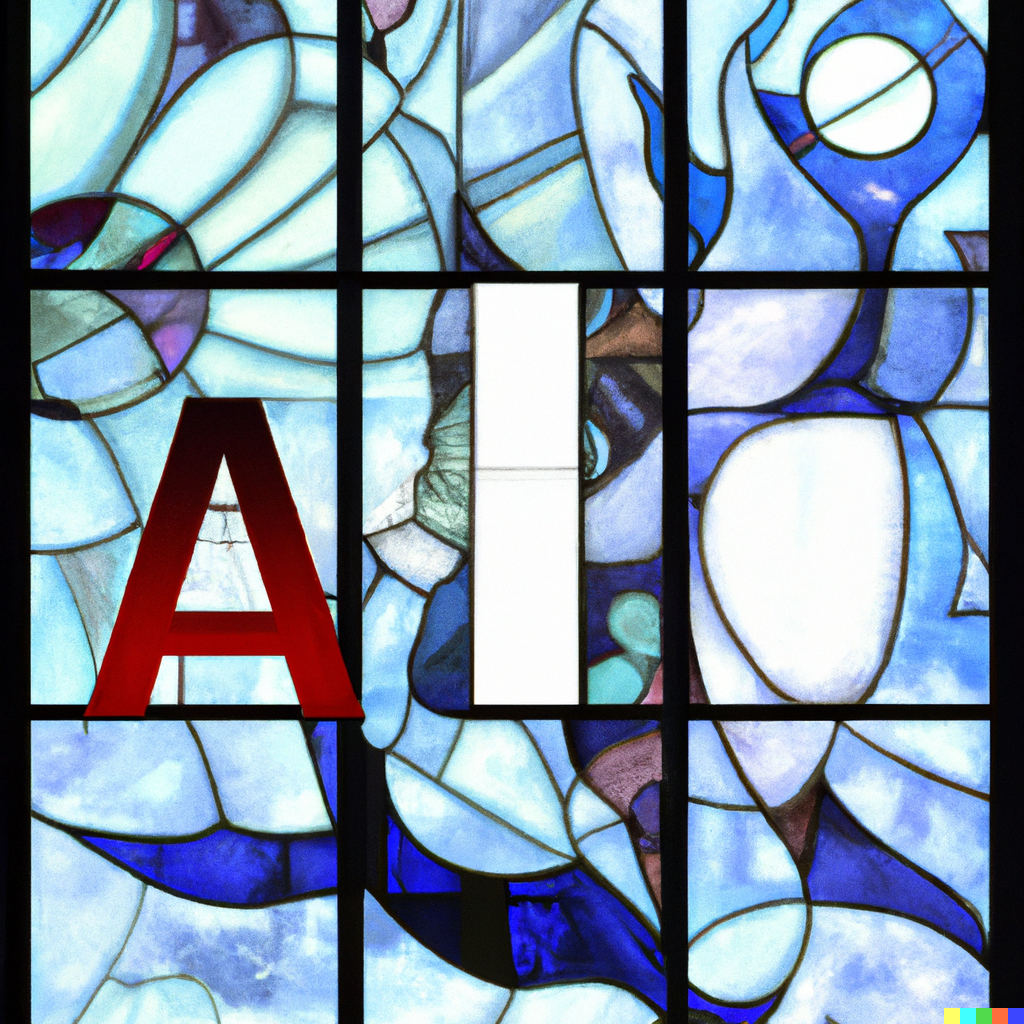 DALL-E2 generated image of stained glass window with AI intials