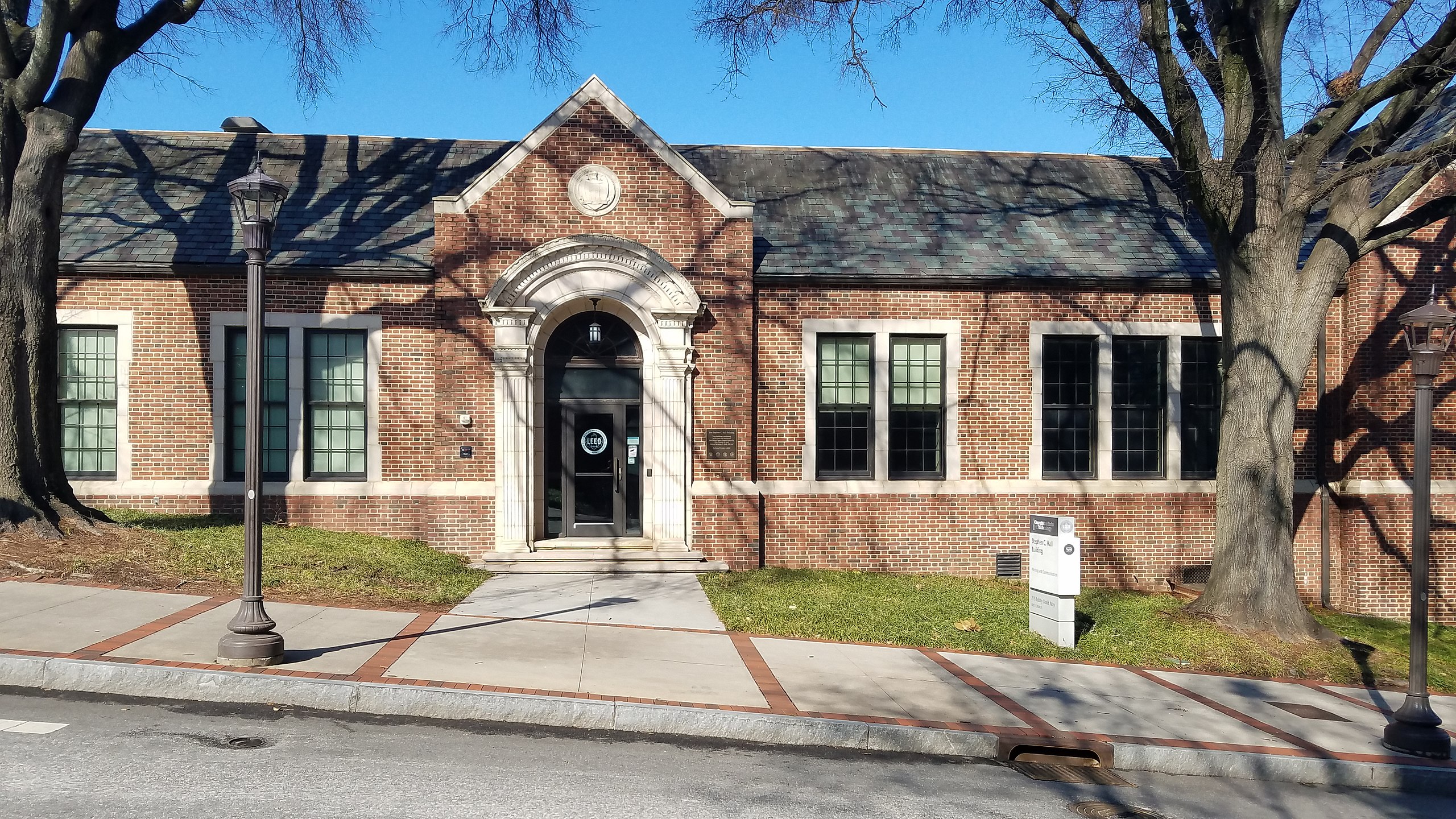 Photograph of the front entrance to the Stephen C. Hall Building on the main campus of the Georgia Institute of Technology (Atlanta, GA)