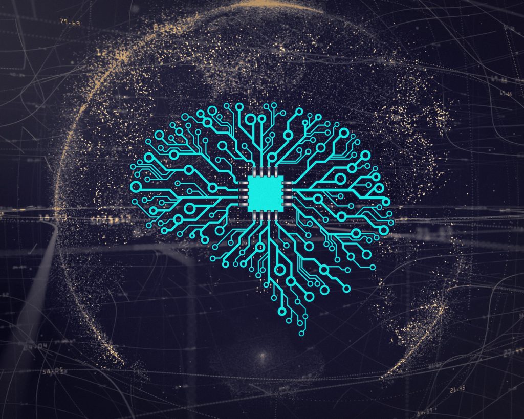 An anstract image of a globe overlapped with pathways and mathmatical formulas. Centered image of a microchip and connecting pathways in the shape of a human brain.